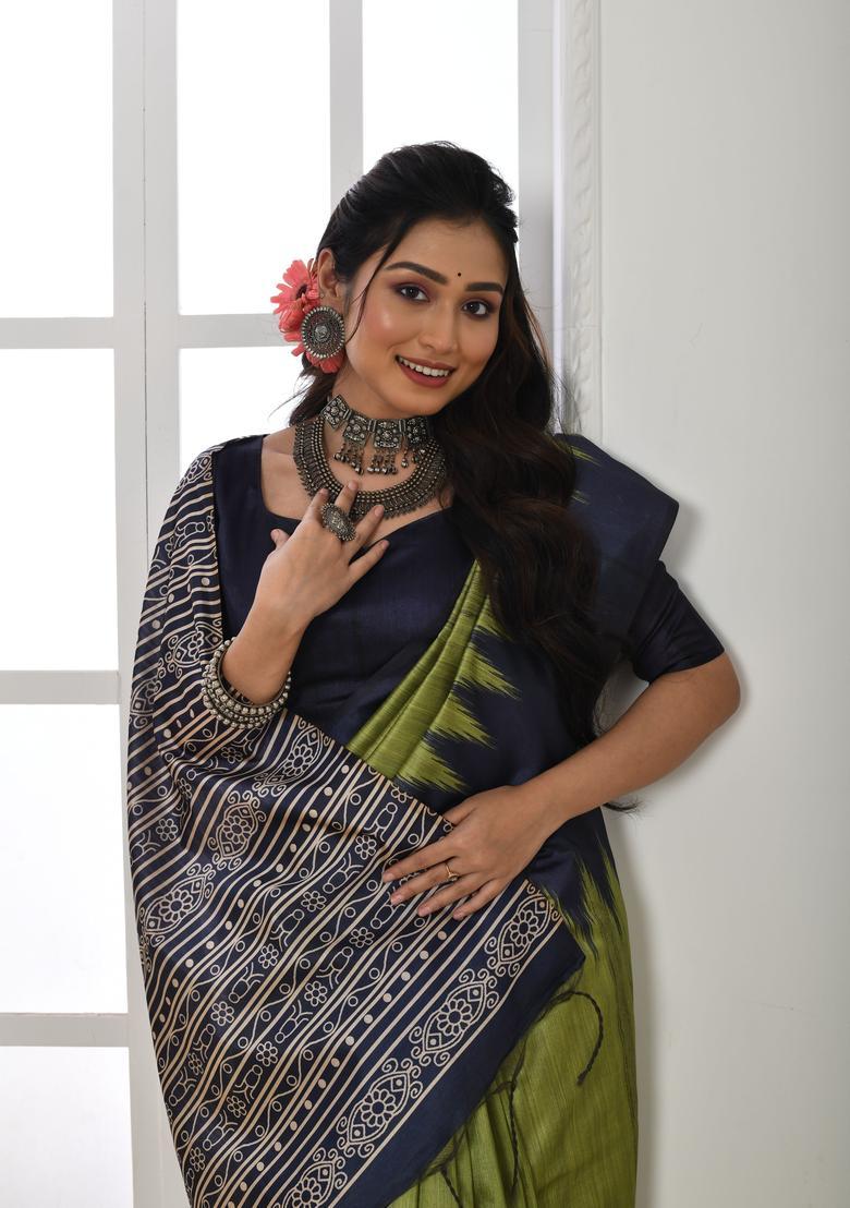 Green Printed Silk Saree Set - Indya