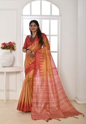 Orange Printed Silk Saree Set