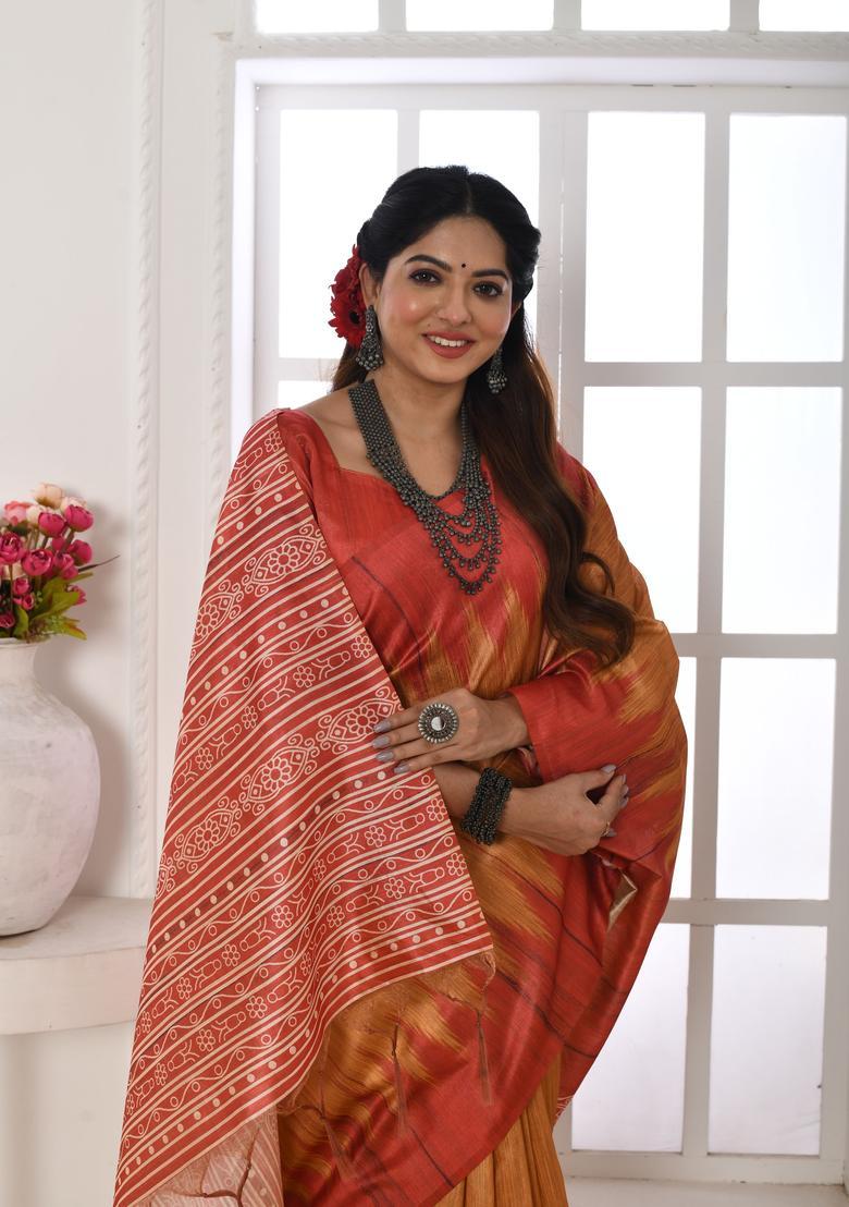 Orange Printed Silk Saree Set - Indya