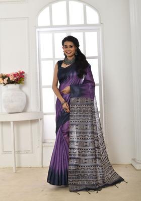 Purple Printed Silk Saree Set