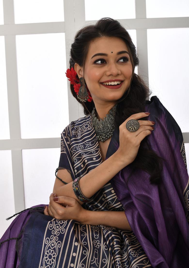 Purple Printed Silk Saree Set - Indya