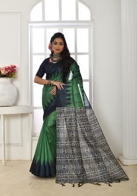 Green Printed Silk Saree Set