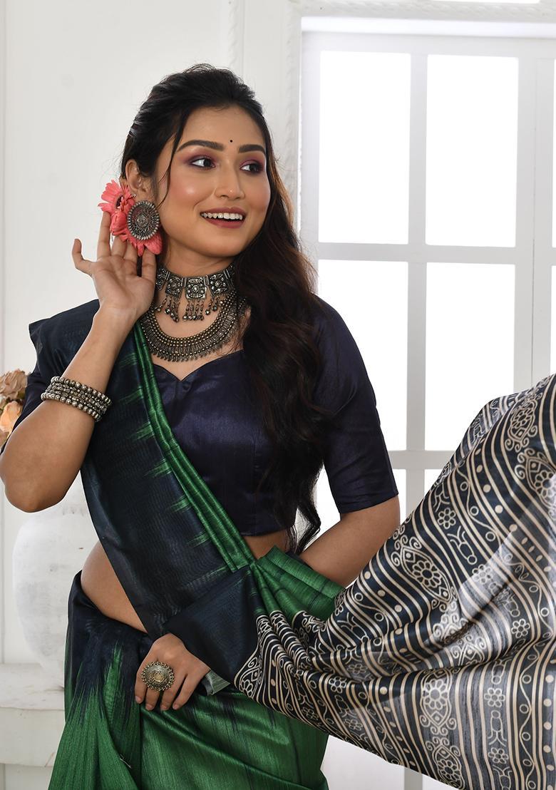 Green Printed Silk Saree Set - Indya