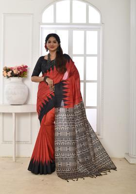 Red Printed Silk Saree Set