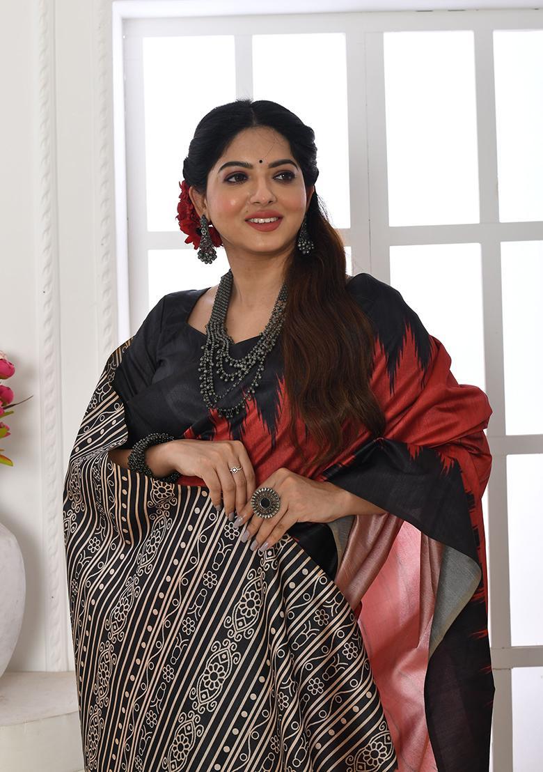 Red Printed Silk Saree Set - Indya