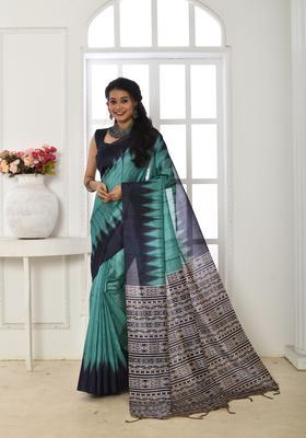 Blue Printed Silk Saree Set