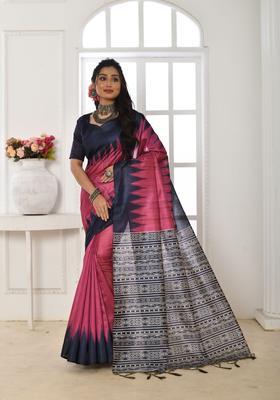Pink Printed Silk Saree Set