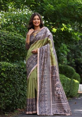 Green Printed Silk Saree Set