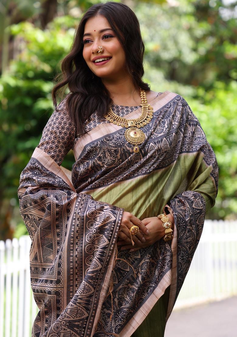 Green Printed Silk Saree Set - Indya