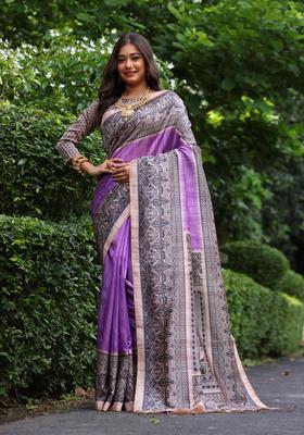 Purple Printed Silk Saree Set