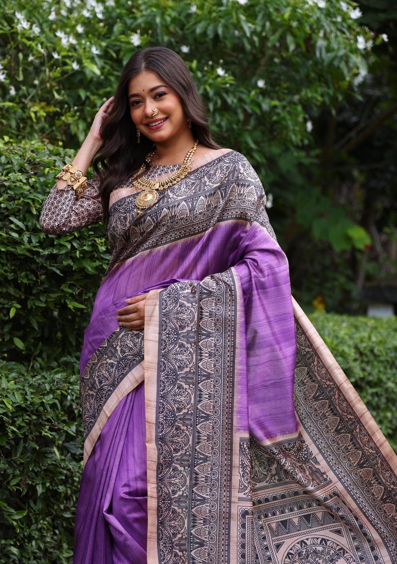 Purple Printed Silk Saree Set - Indya