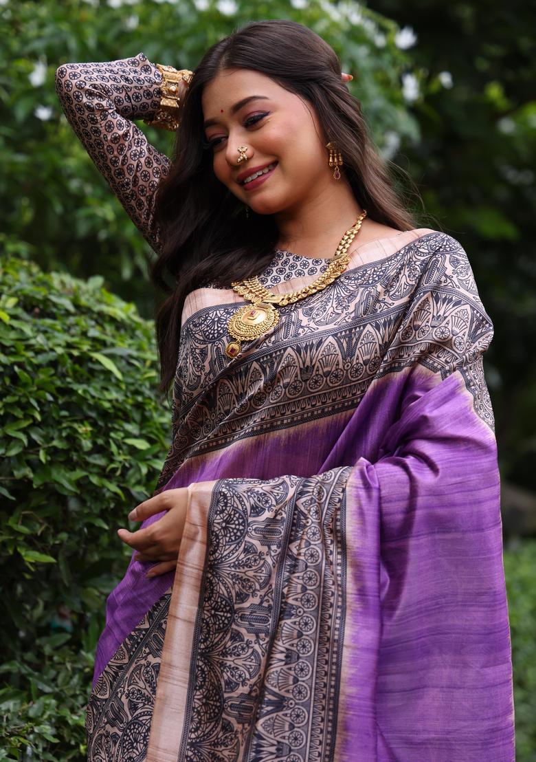 Purple Printed Silk Saree Set - Indya