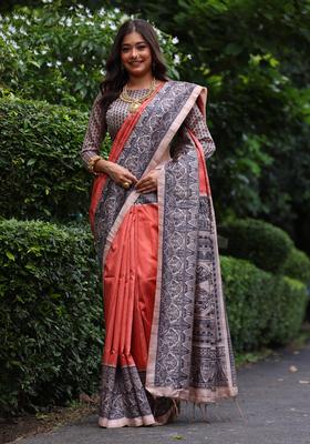 Rust Printed Silk Saree Set
