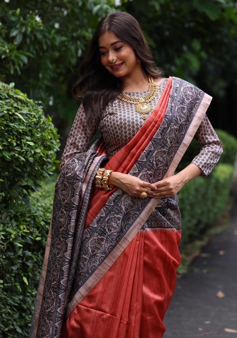 Rust Printed Silk Saree Set - Indya