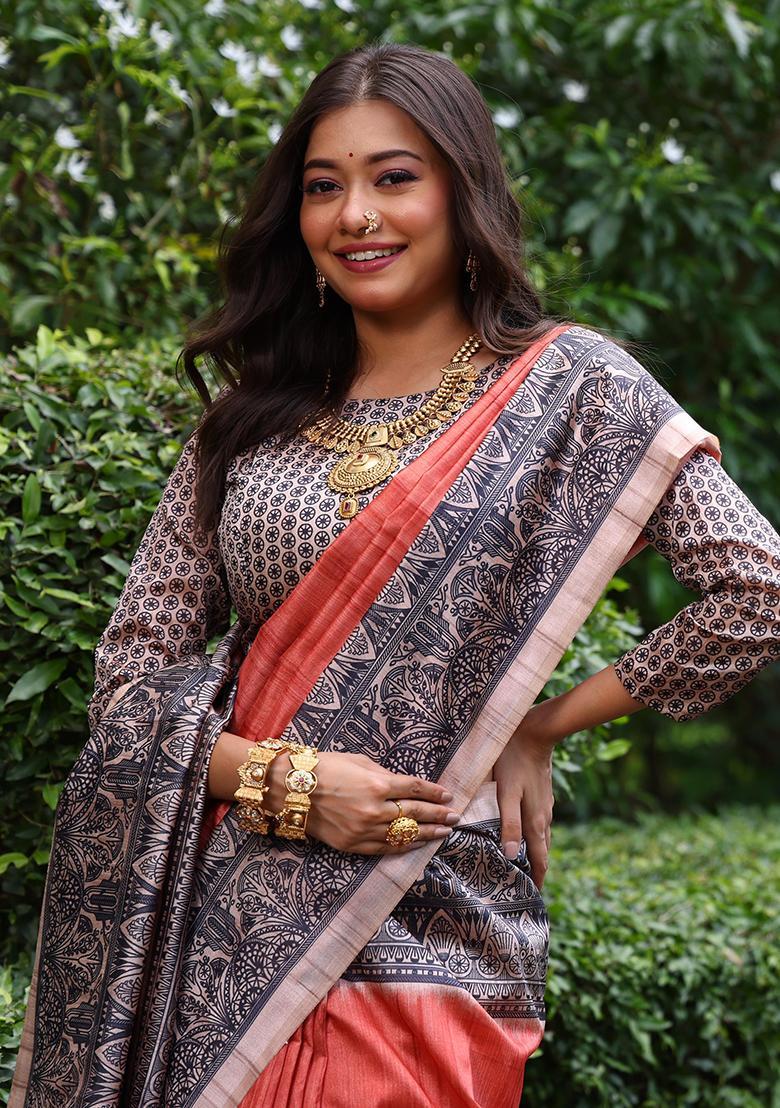 Rust Printed Silk Saree Set - Indya