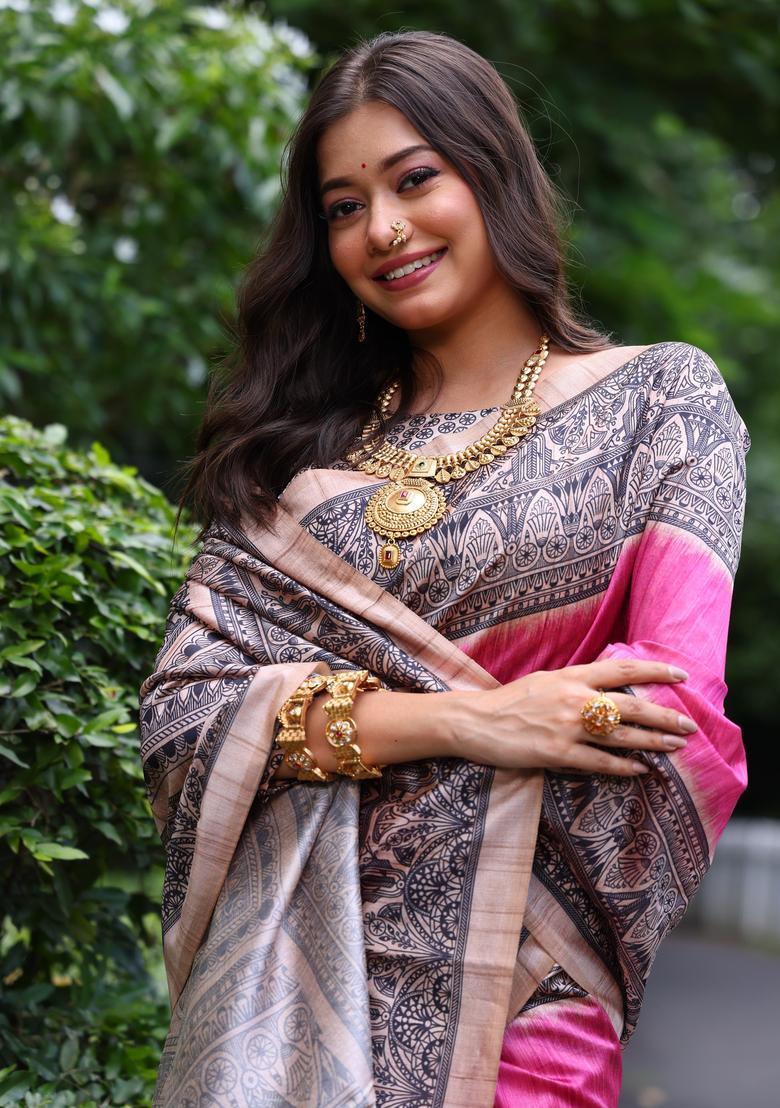 Pink Printed Silk Saree Set - Indya