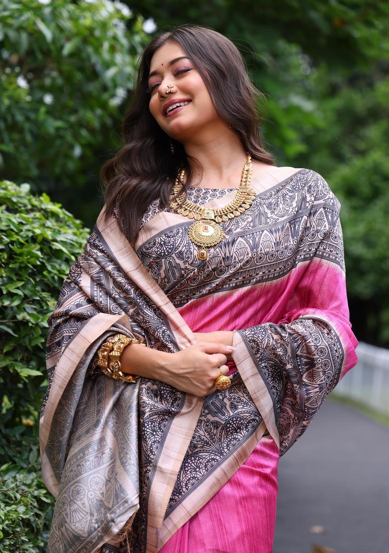 Pink Printed Silk Saree Set - Indya