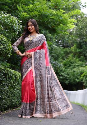 Red Printed Silk Saree Set