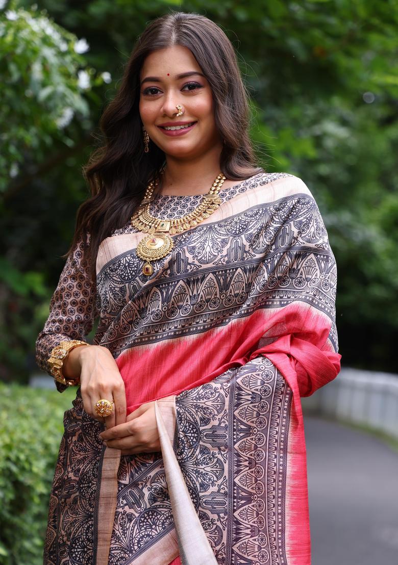 Red Printed Silk Saree Set - Indya