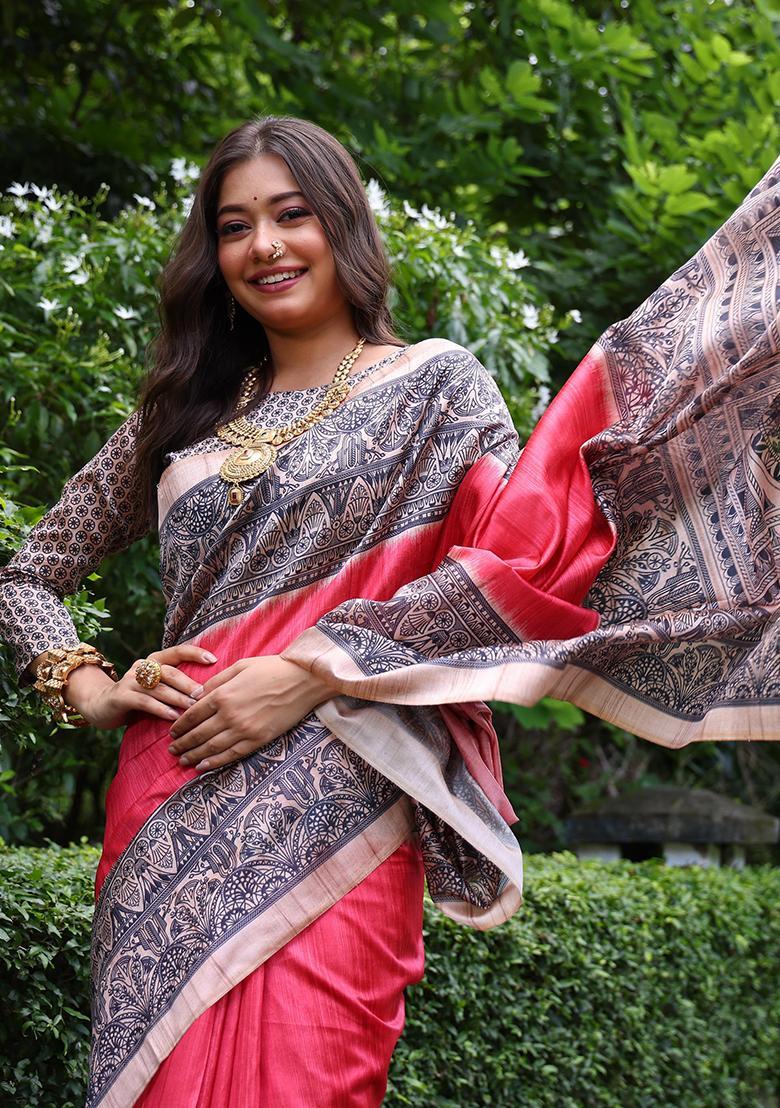 Red Printed Silk Saree Set - Indya