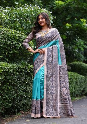 Blue Printed Silk Saree Set
