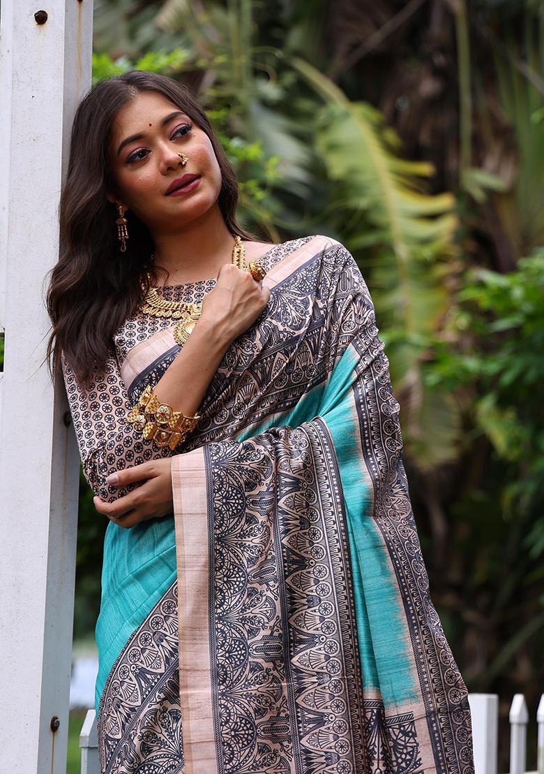 Blue Printed Silk Saree Set - Indya