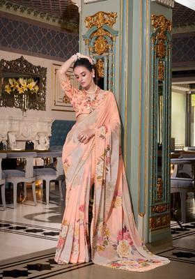 Peach Floral Print Georgette Saree Set