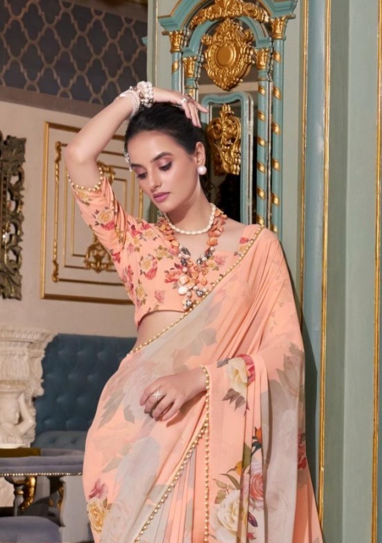 Peach Floral Print Georgette Saree Set - Indya
