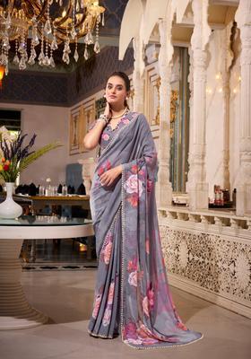 Grey Floral Print Georgette Saree Set