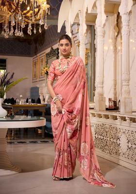 Orange Floral Print Georgette Saree Set