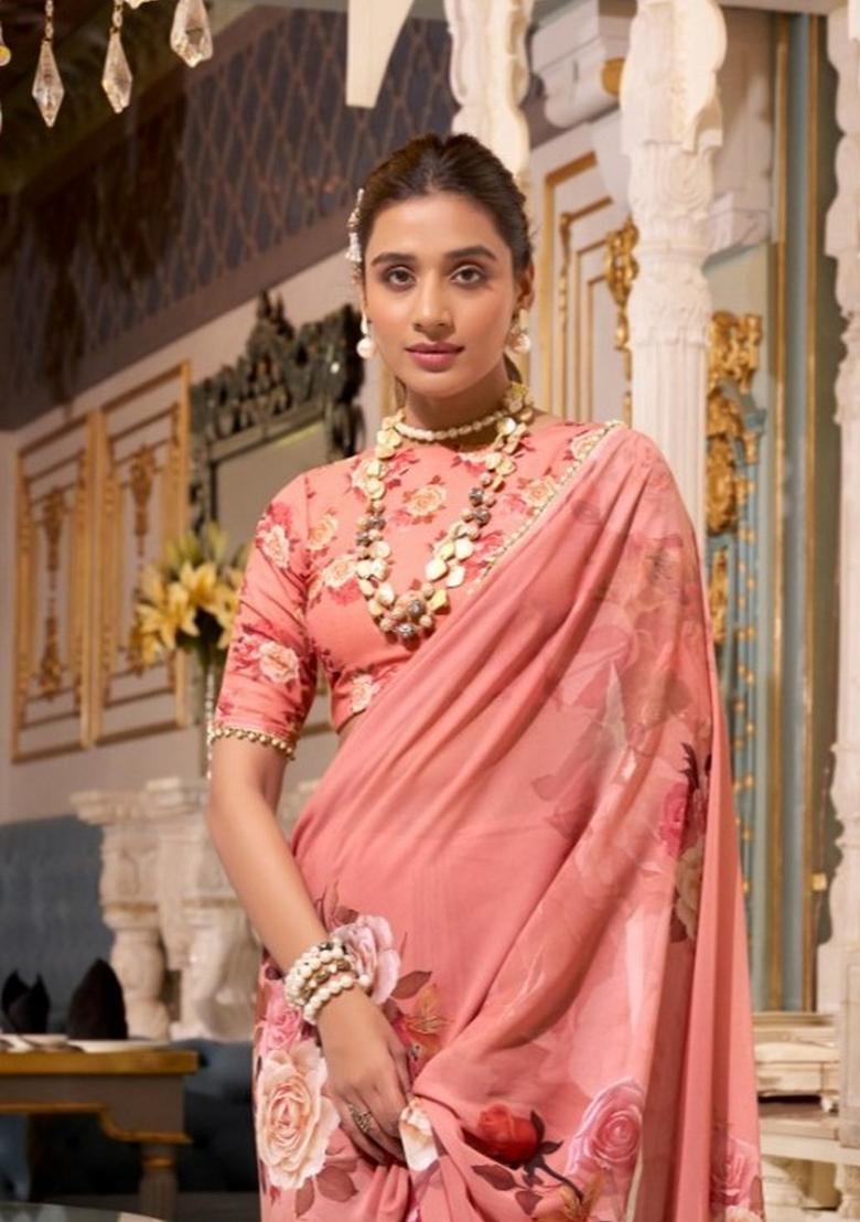 Orange Floral Print Georgette Saree Set - Indya