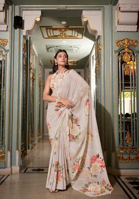 Off White Floral Print Georgette Saree Set