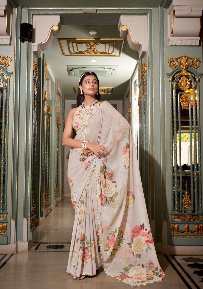 Off White Georgette Saree Set with Floral Print for Diwali | Wedding & Festive Wear - Indya