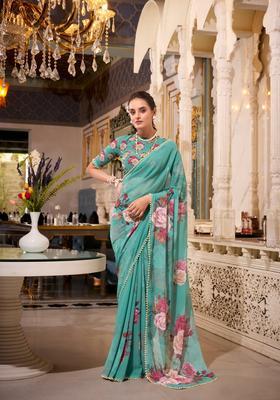 Green Floral Print Georgette Saree Set