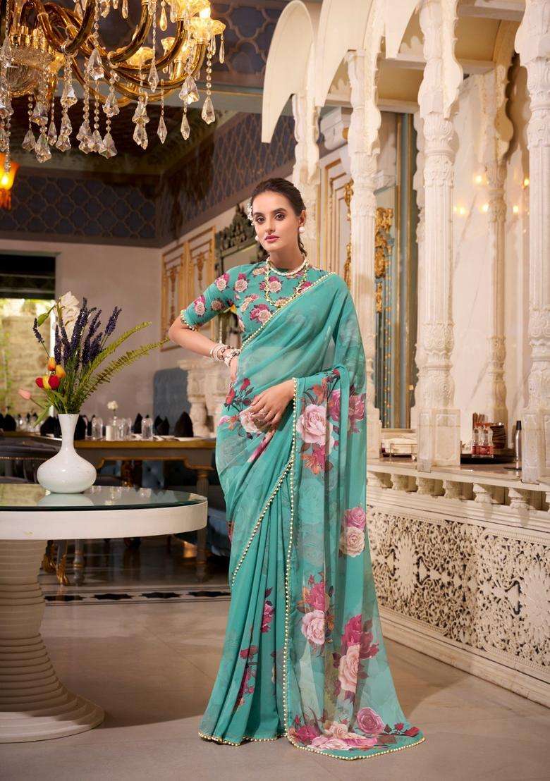 Green Georgette Saree Set with Floral Print for Diwali | Wedding & Festive Wear - Indya