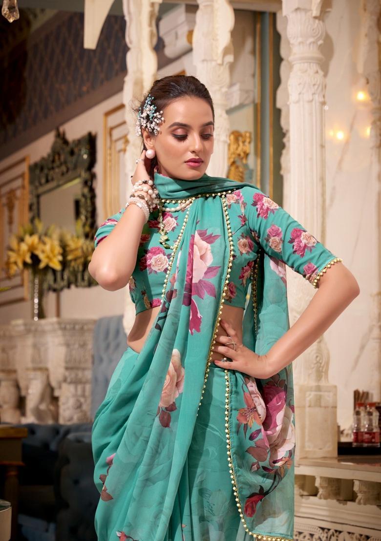 Green Floral Print Georgette Saree Set - Indya