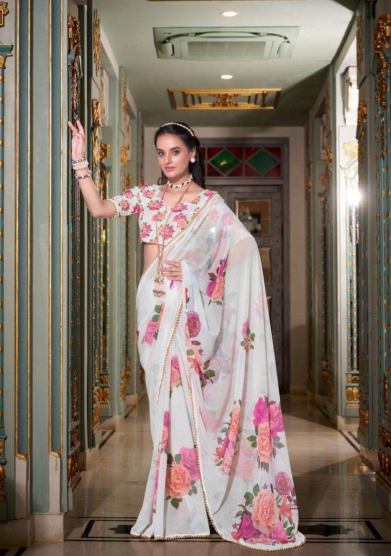 White Floral Print Georgette Saree Set for Diwali and Festive Wear - Indya