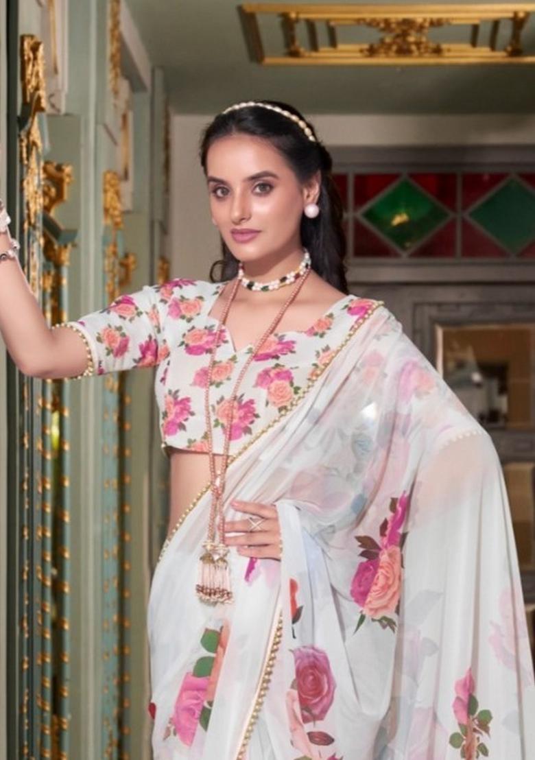 White Floral Print Georgette Saree Set - Indya