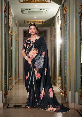 Black Floral Print Georgette Saree Set