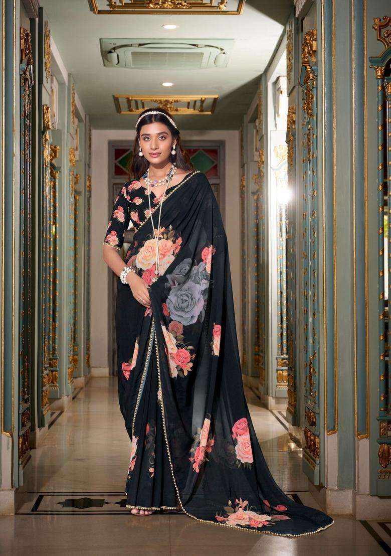 Black Georgette Saree Set with Floral Print for Diwali | Wedding & Festive Wear - Indya