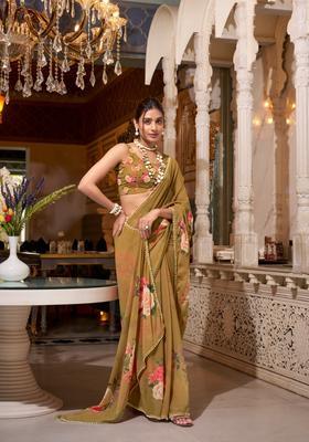 Brown Floral Print Georgette Saree Set
