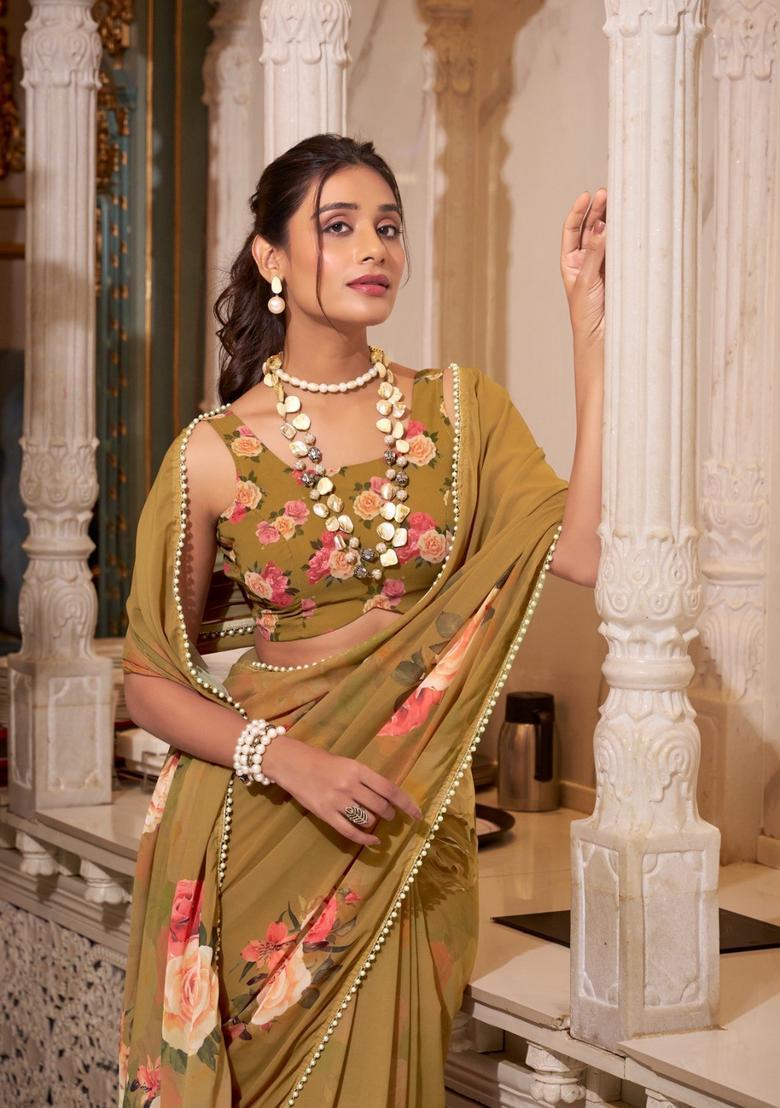 Brown Floral Print Georgette Saree Set - Indya