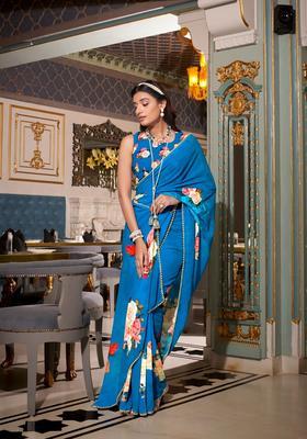 Blue Floral Print Georgette Saree Set