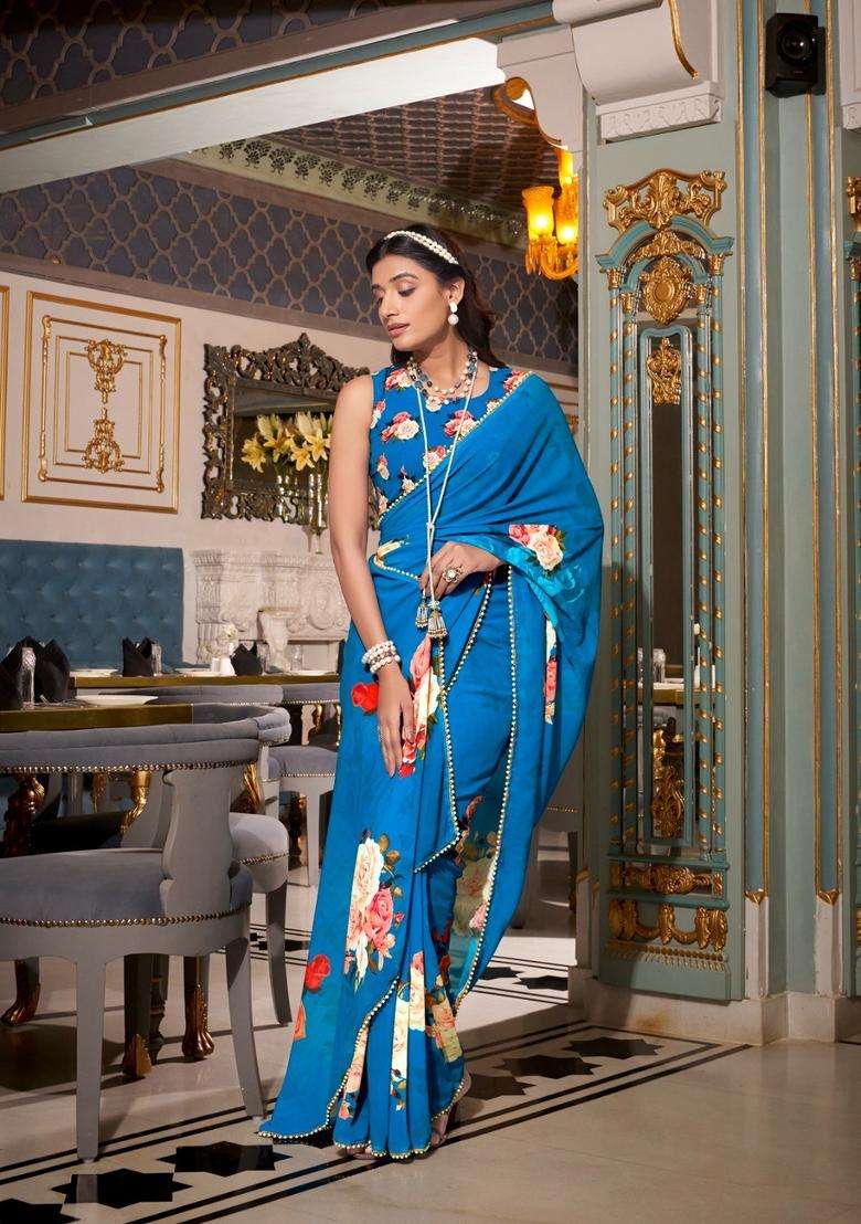 Blue Floral Print Georgette Saree Set for Diwali and Festive Wear - Indya