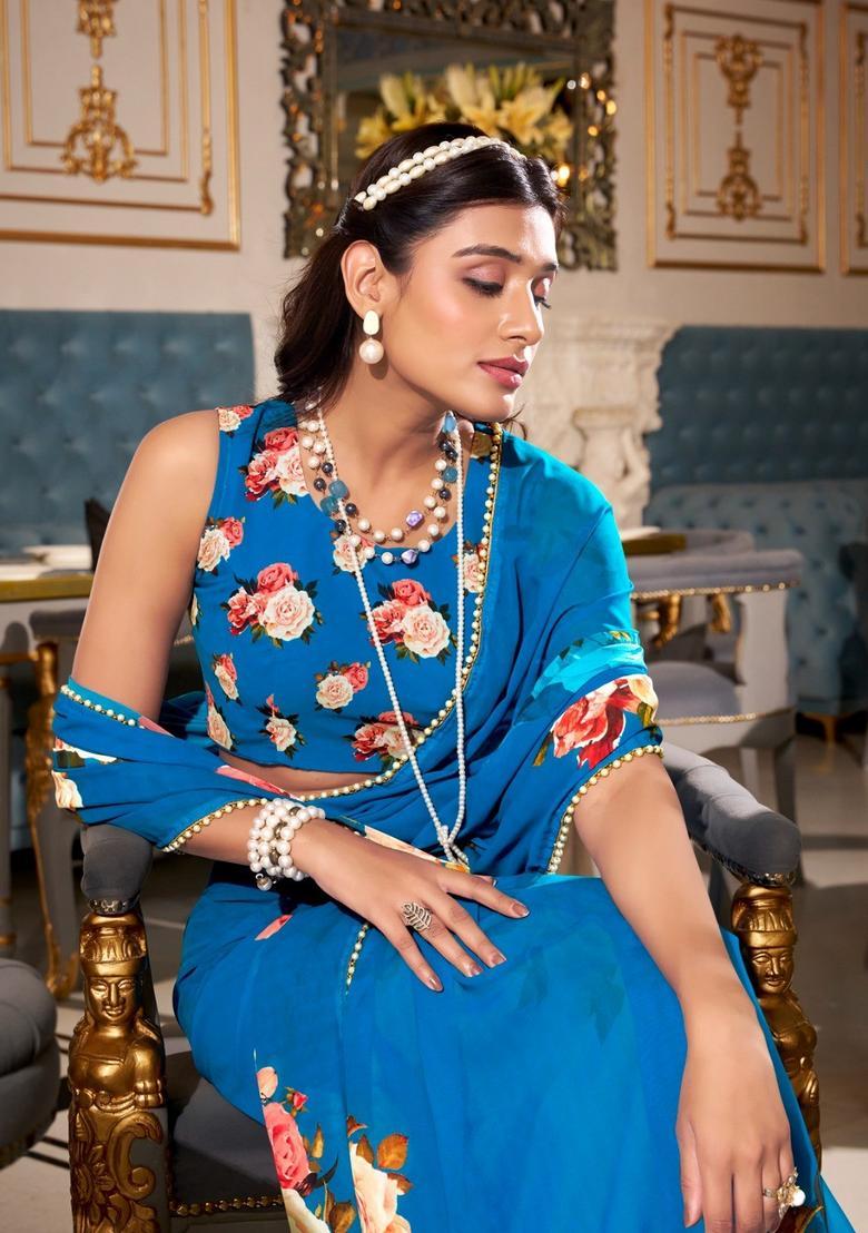 Blue Floral Print Georgette Saree Set - Indya