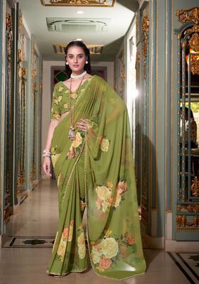 Green Floral Print Georgette Saree Set