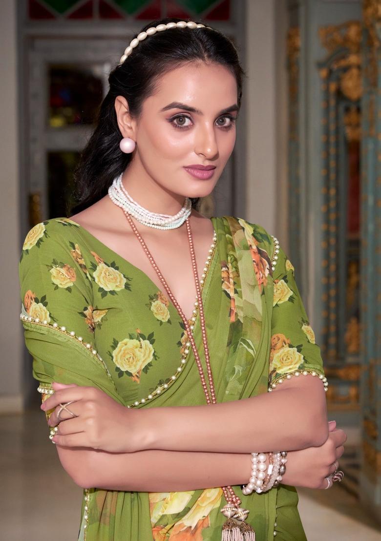 Green Floral Print Georgette Saree Set - Indya