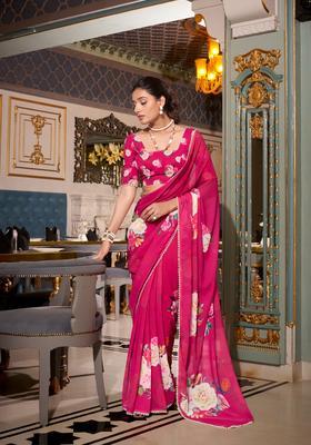 Pink Floral Print Georgette Saree Set