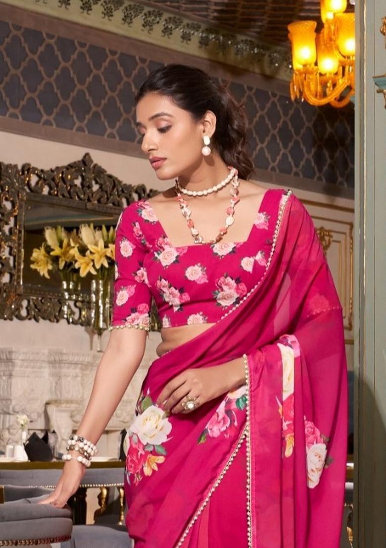 Pink Floral Print Georgette Saree Set - Indya