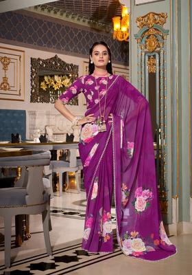 Purple Floral Print Georgette Saree Set